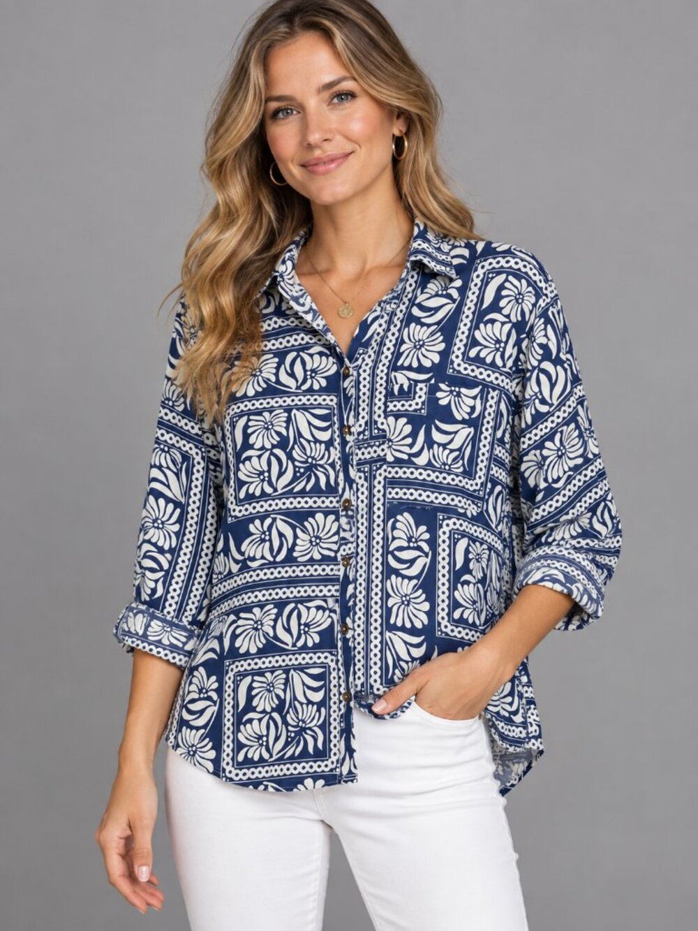 NWT Tahari Linen Blend Blue & White Floral Print Button-Down Shirt L Resort Wear